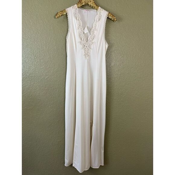 Valisere Paris Size S Semi Sheer Satin Nightgown Ivory Embroidered Lace Vintage - Picture 9 of 9